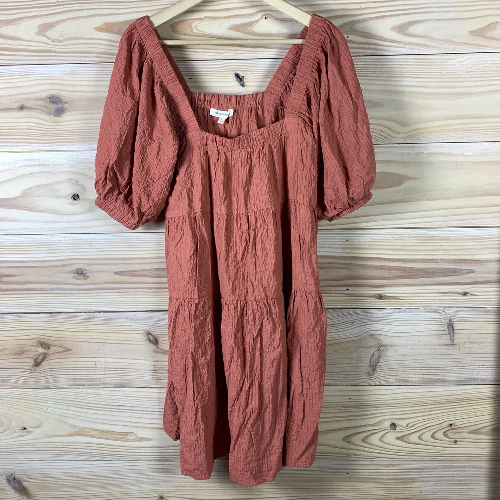 Grade and Gather Dress Women Small Coral Tiered Crinkle Puff Sleeve Cottage Boho